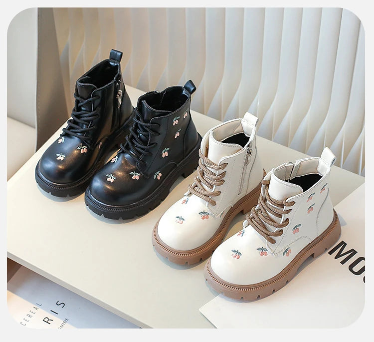 Girls' Fashion Ankle Boots – Embroidered Leather Spring/Autumn Boots for Kids, Casual and Versatile Princess-Style Footwear