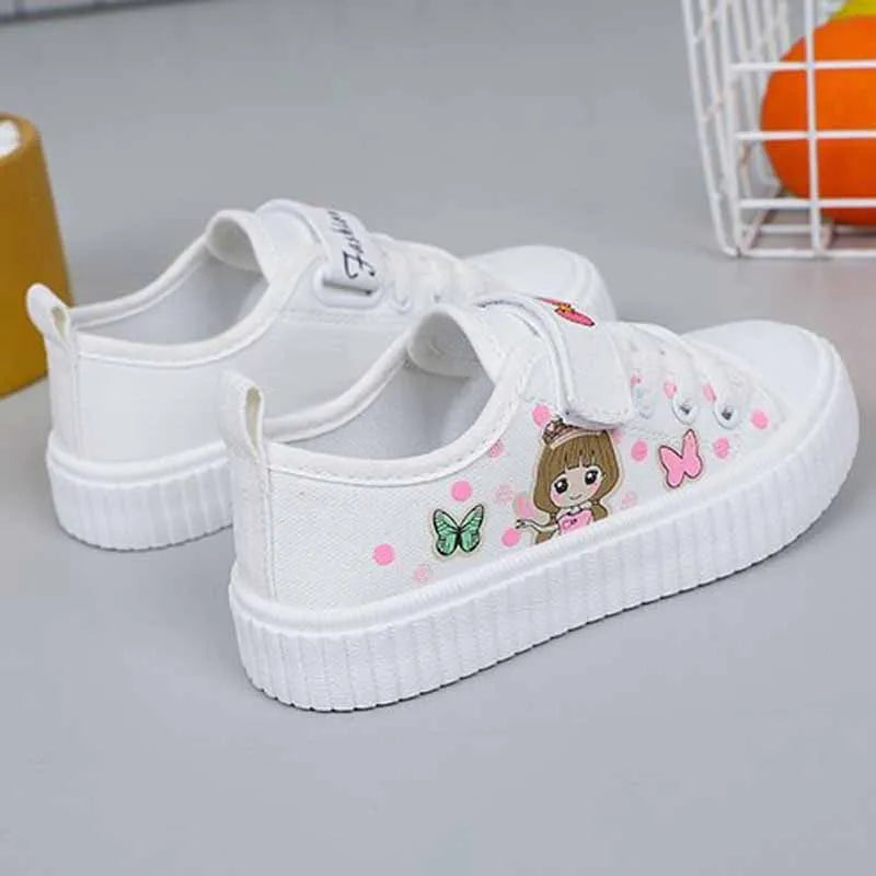 Children's Cute Cartoon Canvas Shoes Girls' Flat Bottomed Casual Sports Shoes Students Lightweight Running Board Shoes Sneakers