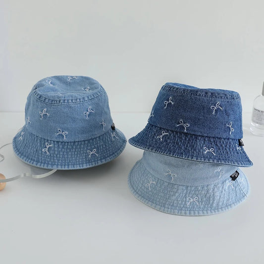 Spring Summer Baby Fisherman Hats Lovely Bow Pattern Kids Boys Girls Outdoor Sun Hat Fashion Denim Children Bucket Caps