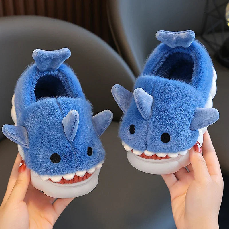 Winter Wrap Heels Plush Slippers Children's Cute Cartoon Shark Non-slip Soft Sole Kids Boys Girls Junior Warm Home Cotton Shoes