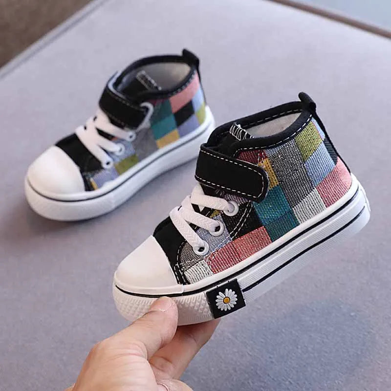 2023 Autumn New Hook Canvas for Kids Fashion Plaid Sneakers Boys Casual Shoes Girls Non-slip Outdoor Footwear Children's Shoes