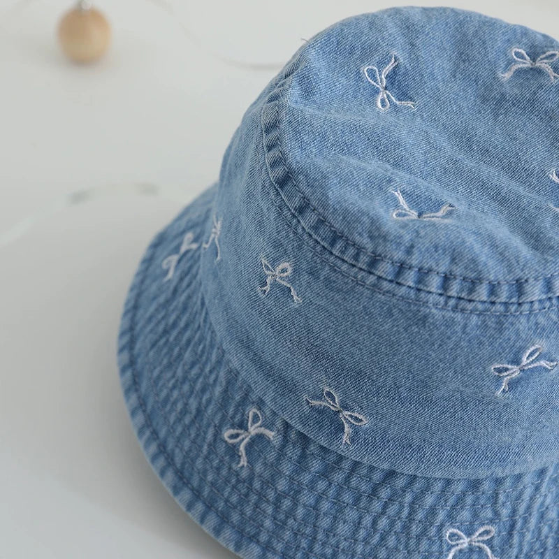Spring Summer Baby Fisherman Hats Lovely Bow Pattern Kids Boys Girls Outdoor Sun Hat Fashion Denim Children Bucket Caps