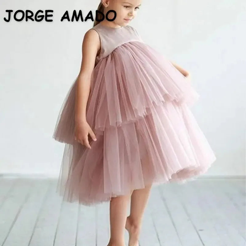 Kids Girls Formal Dresses Birthday Party Dress Sleeveless O-neck Cake Layered Princess Dress Children Clothes E0702