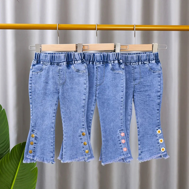 2024 New Spring and Autumn Children's Jeans Fashion Girls Korean Bow Horn Jeans Infant Stretch Pants 0-5 Years Old