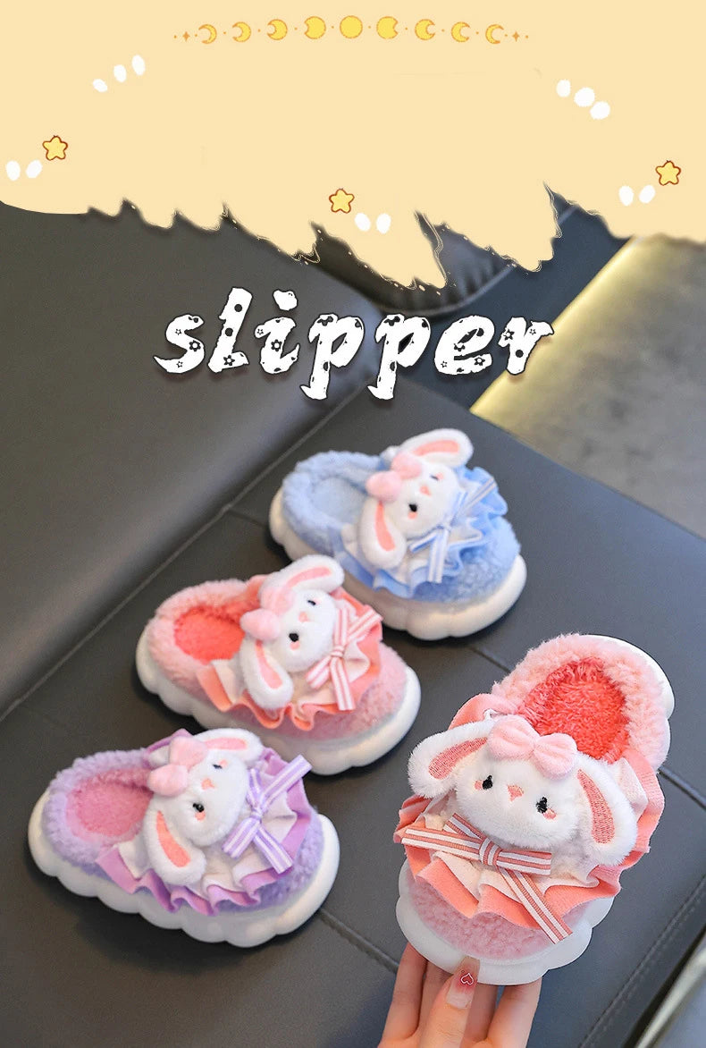2024 New Winter Children's Cotton Slippers - Cute and Warm Fleece Rabbit Fur Baby's Home Cotton Slippers for Girls
