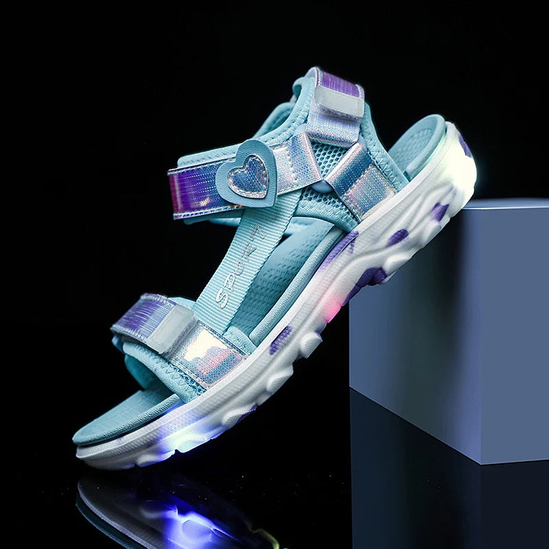 Girls' LED Sandals Children's Toddler Sports Beach Blue Pink Girls' Soft Shining Shoes Outdoor Soft Anti-Slip Princess LED Shoe