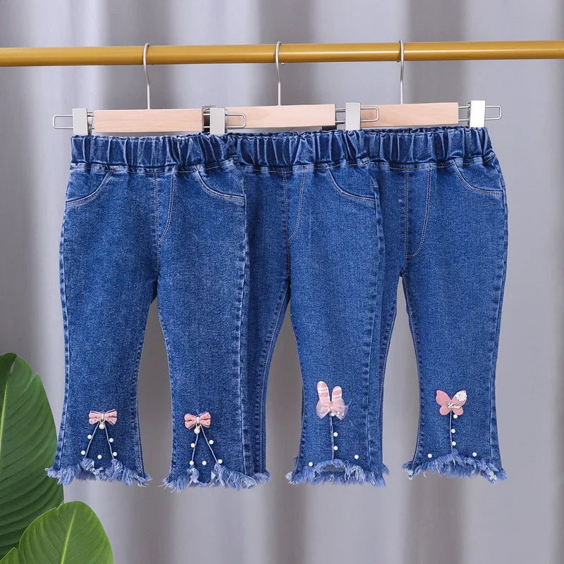 2024 New Spring and Autumn Children's Jeans Fashion Girls Korean Bow Horn Jeans Infant Stretch Pants 0-5 Years Old