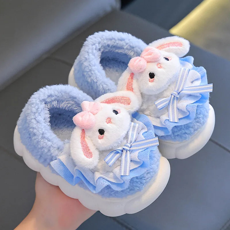 2024 New Winter Children's Cotton Slippers - Cute and Warm Fleece Rabbit Fur Baby's Home Cotton Slippers for Girls