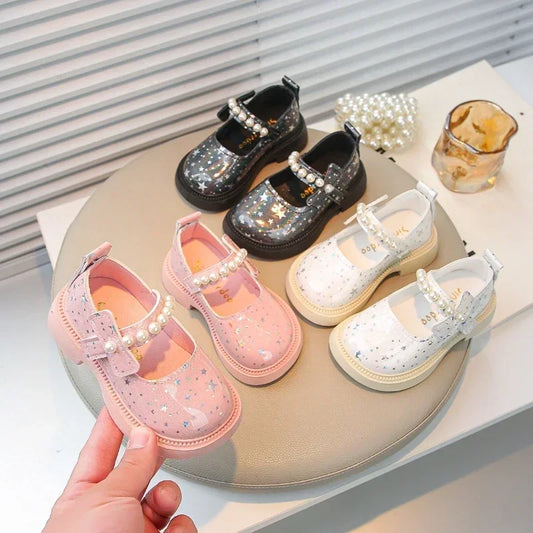 Bling All Over Stars Fashion Leather Shoes for Kids Girls Beading Black Pink White Rubber Children School Dress Shoes New I01163