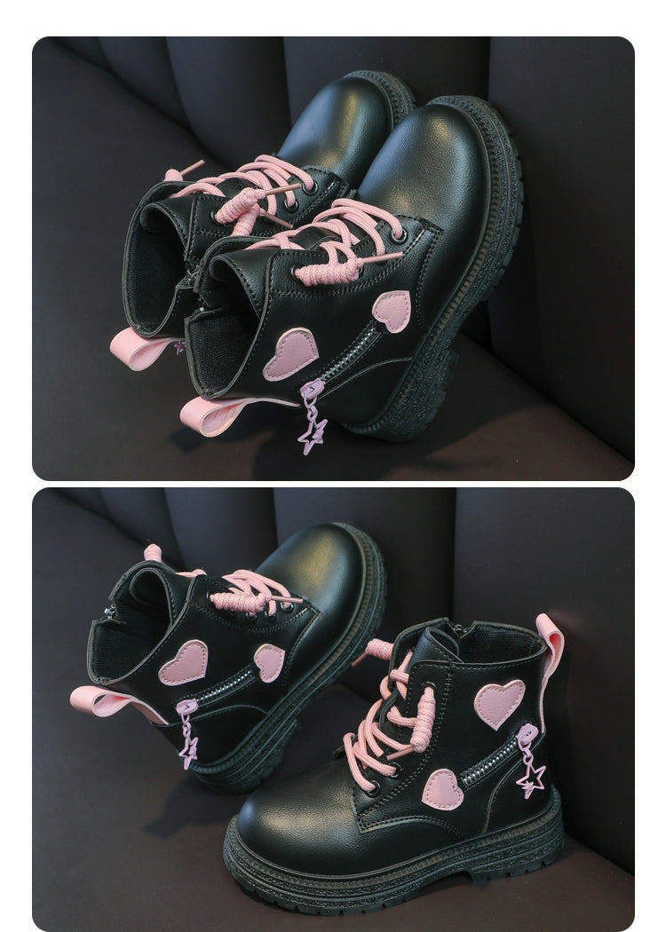 Girls' Fashion Rubber Boots – Autumn/Winter PU Round-Toe Boots with Soft Cotton Lining, Side Zip, and Heart Detail in Pink