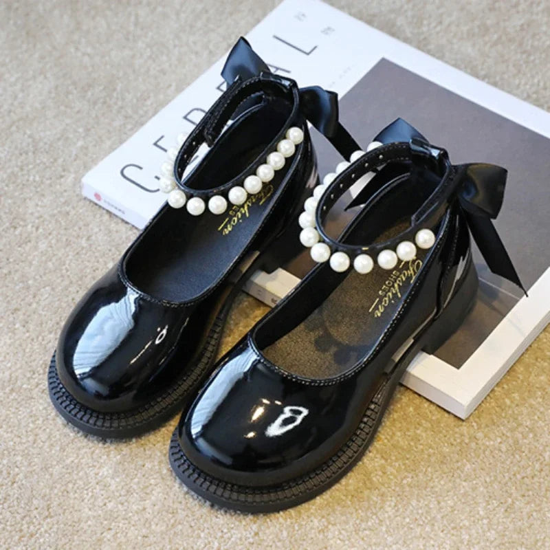 Spring Autumn Girl Glossy Leather Shoes Fashion Children Princess Causal Dress Flats Sweet Bowtie Kids School Mary Jane Shoes