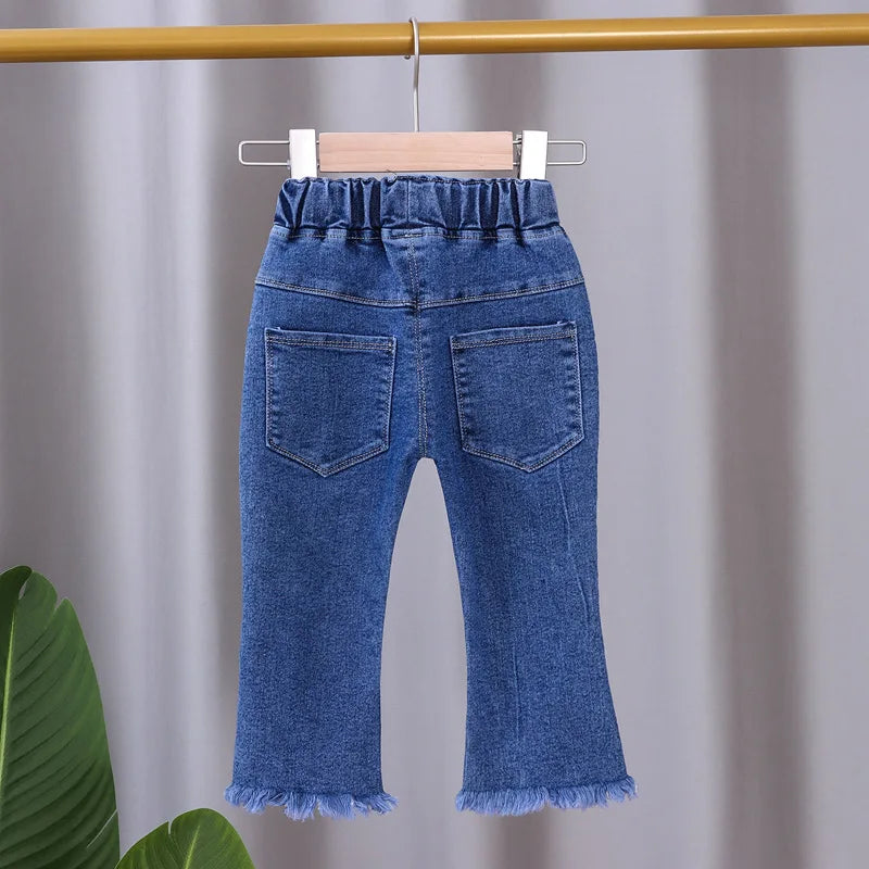 2024 New Spring and Autumn Children's Jeans Fashion Girls Korean Bow Horn Jeans Infant Stretch Pants 0-5 Years Old