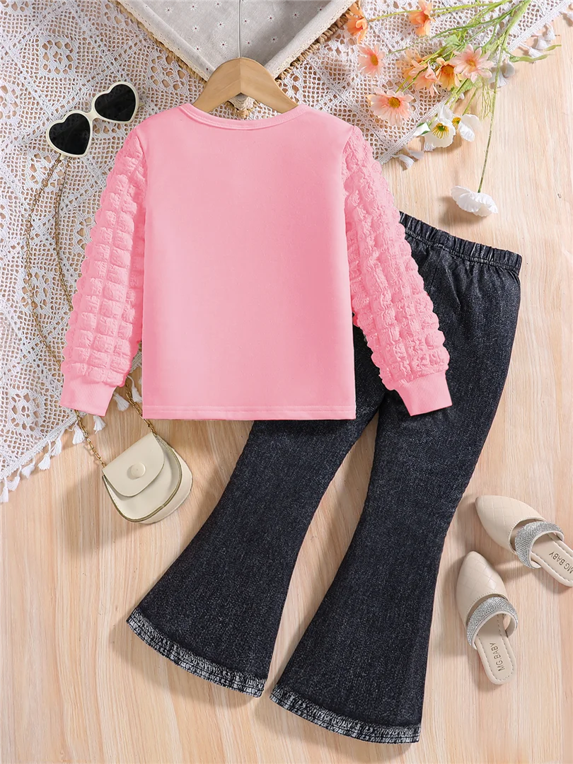 Girls' Two-Piece Spring/Autumn Outfit – White Round Neck Long Sleeve Top with Cartoon Print and Solid Color Slim-Fit Pants