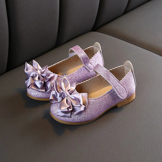 Flowers Children Girls Leather Shoes Sequins Purple Gold Princess Shoes for Kids Baby Little Girls Party Wedding Shoes New 2022