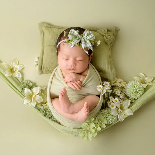 Newborn Baby Photography Props Infant Photoshoot Elastic Wrap Cloth Adjustable Bow Headflower Green Theme Baby Photo Accessories