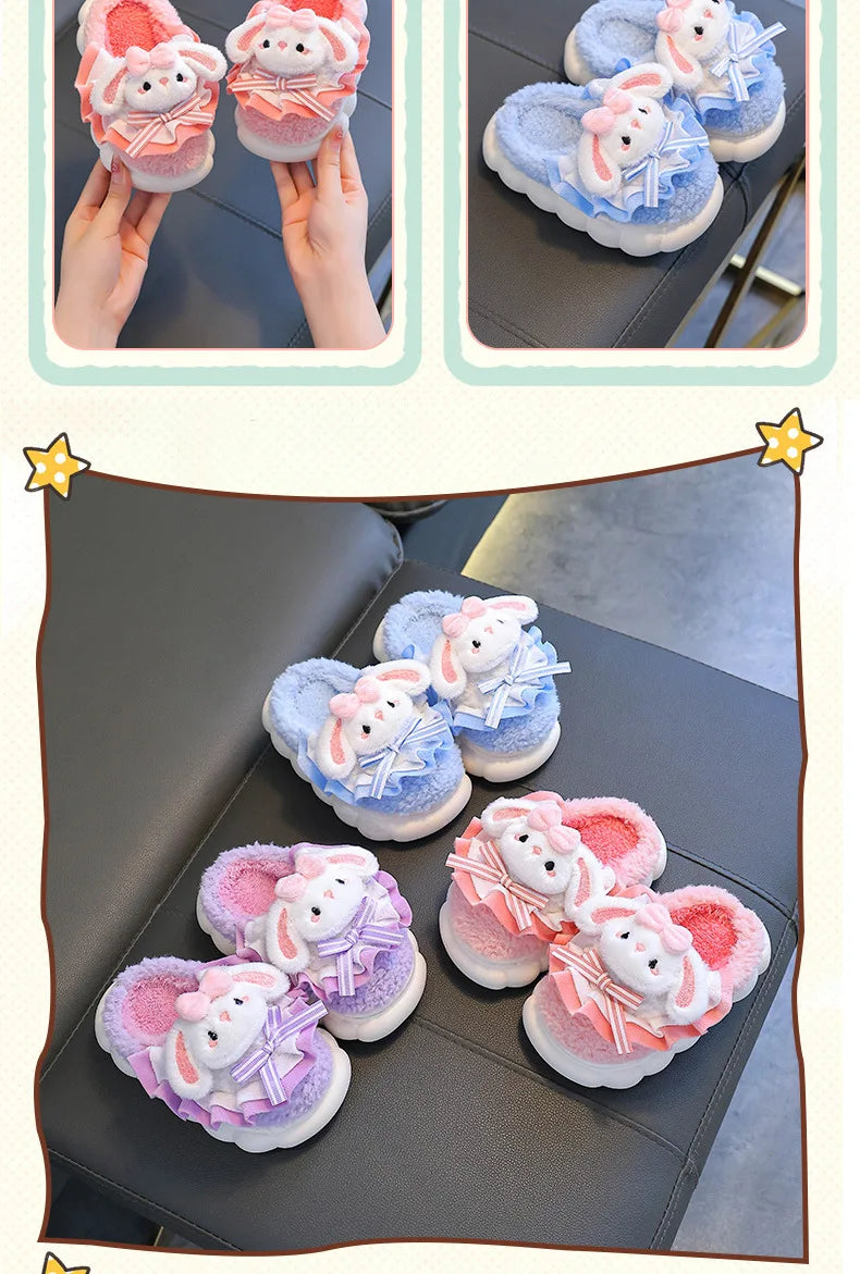 2024 New Winter Children's Cotton Slippers - Cute and Warm Fleece Rabbit Fur Baby's Home Cotton Slippers for Girls