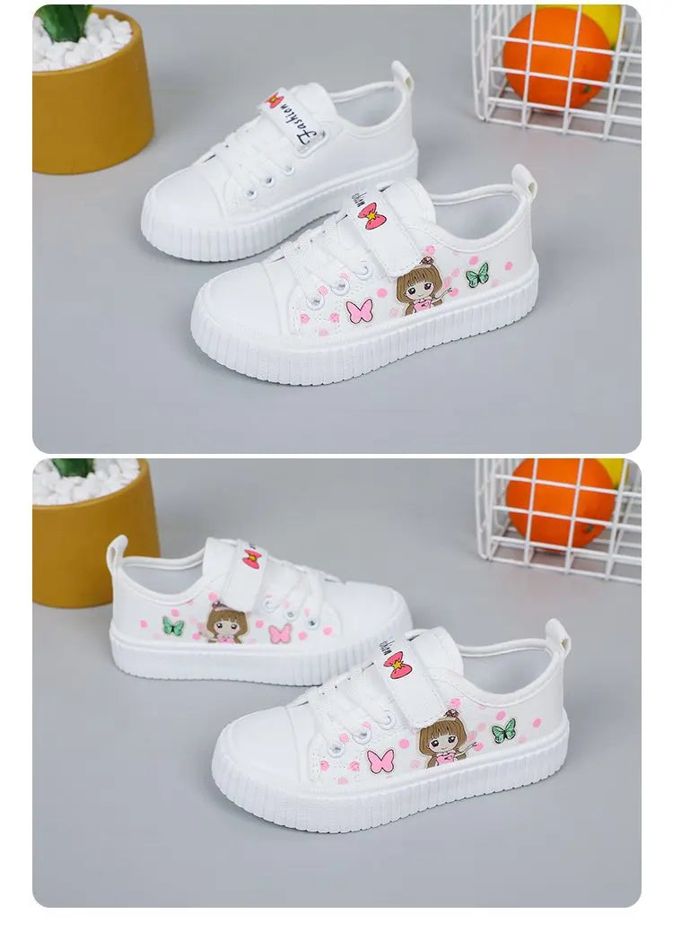Children's Cute Cartoon Canvas Shoes Girls' Flat Bottomed Casual Sports Shoes Students Lightweight Running Board Shoes Sneakers