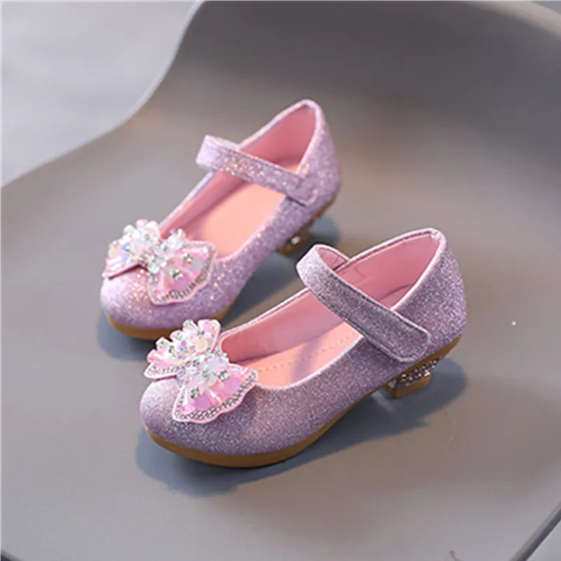 Children's Leather Shoes Spring Autumn Versatile Girls High Heels for Princess Party Fashion Sweet Bowtie Kid Causal Dress Shoes