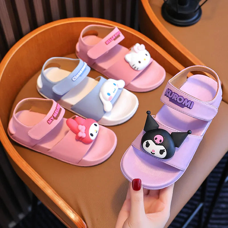Sanrio KIds’ Sandals Lightweight Outdoor Anti-Slip Sandals For Boys Girls Beach Kuromi Wear-Resistant EVA Sole With Hook & Loop