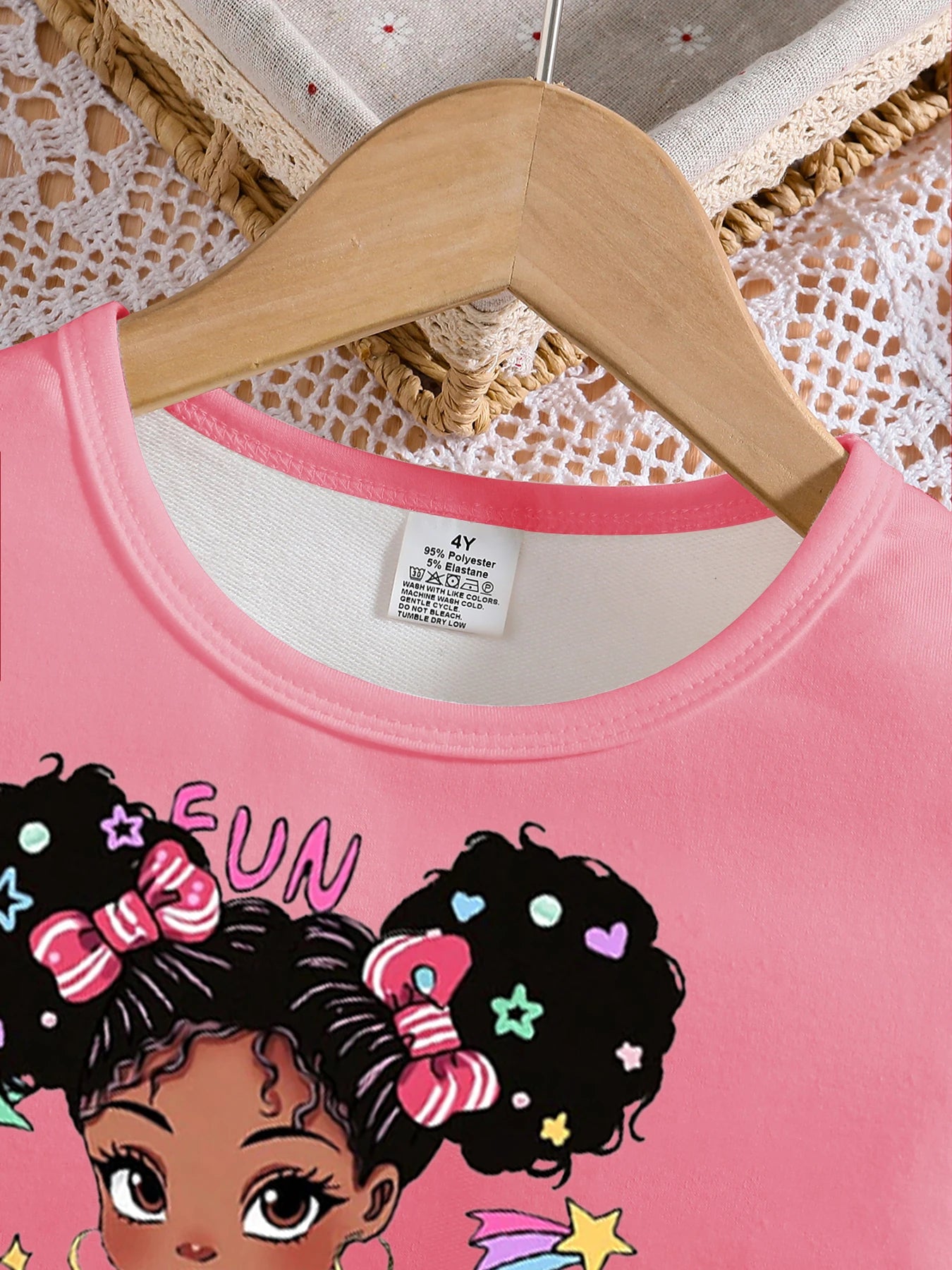 Girls' Two-Piece Spring/Autumn Outfit – White Round Neck Long Sleeve Top with Cartoon Print and Solid Color Slim-Fit Pants