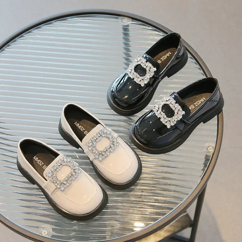 Girls Square Rhinestone Loafers Patent Leather Slip-on Shoes for Children British Black Loafers Platform Oxford Shoes Kids Flats