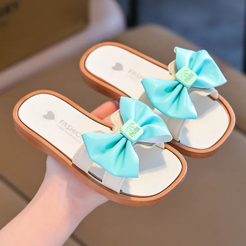 Girls Slippers Fashion Outside Wear Soft Bottom Non-slip Sweet Bow Sandals Slippers Middle and Big Children Beach One Word Drag