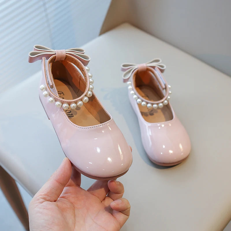 Spring Girl's Mary Janes Beading Ankle-strap New Children Princess Shoe Patent Leather Four Colors Round Toe Kids Flats 23-35