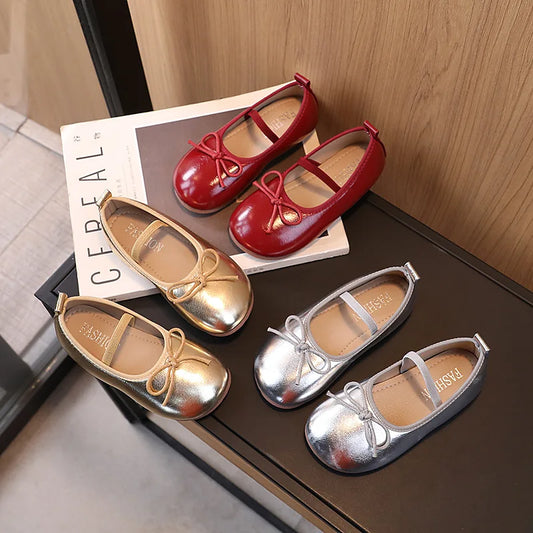 Girl's Flat Shoes Gold Silve Red Bowknot Leather Shoes Kids Soft bottom Princess Single Shoes for Children Toddler shoes 2-11T