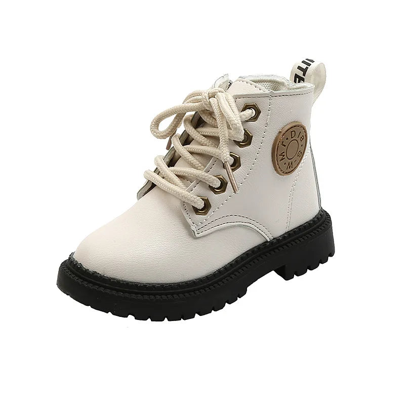 Autumn/Winter Kids' Leather Boots – Warm Plush, Waterproof, Non-Slip Fashion Boots for Boys and Girls (Sizes 21–30)