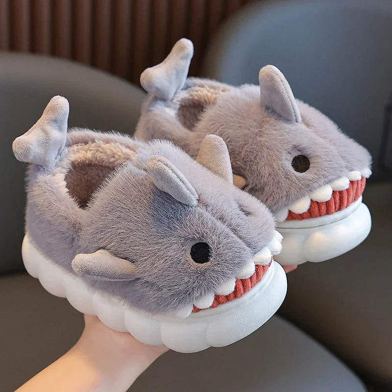 Winter Wrap Heels Plush Slippers Children's Cute Cartoon Shark Non-slip Soft Sole Kids Boys Girls Junior Warm Home Cotton Shoes