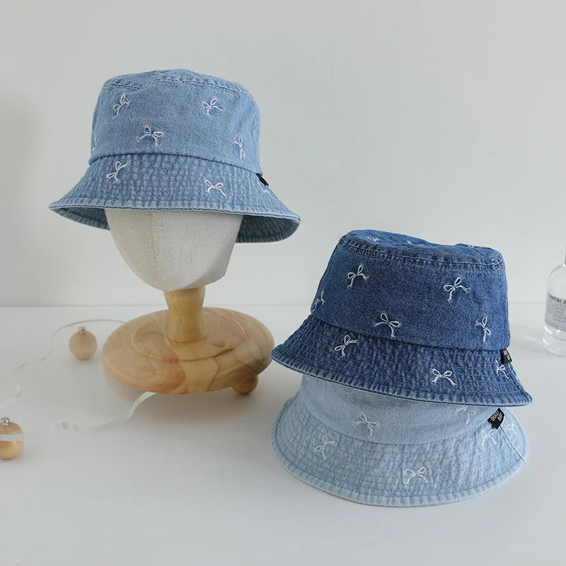 Spring Summer Baby Fisherman Hats Lovely Bow Pattern Kids Boys Girls Outdoor Sun Hat Fashion Denim Children Bucket Caps