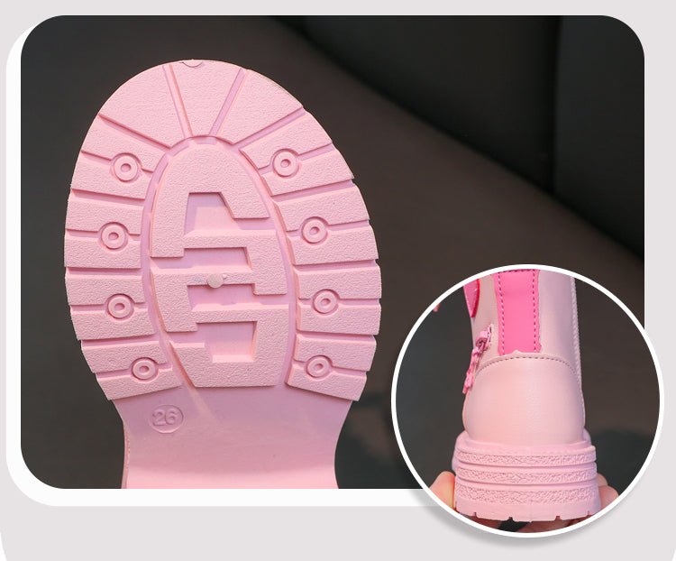 Girls' Fashion Rubber Boots – Autumn/Winter PU Round-Toe Boots with Soft Cotton Lining, Side Zip, and Heart Detail in Pink