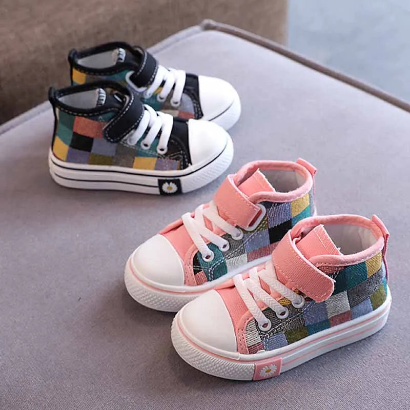 2023 Autumn New Hook Canvas for Kids Fashion Plaid Sneakers Boys Casual Shoes Girls Non-slip Outdoor Footwear Children's Shoes
