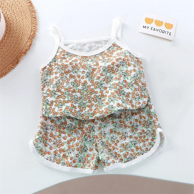 Baby Clothes Sets Summer Toddler Girl Strap Suits Cotton Printing Baby Boy Tops Tee and Shorts Infant Tracksuit Newborn Sets