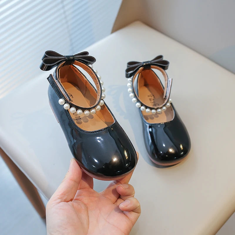 Spring Girl's Mary Janes Beading Ankle-strap New Children Princess Shoe Patent Leather Four Colors Round Toe Kids Flats 23-35