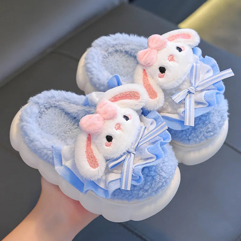 2024 New Winter Children's Cotton Slippers - Cute and Warm Fleece Rabbit Fur Baby's Home Cotton Slippers for Girls