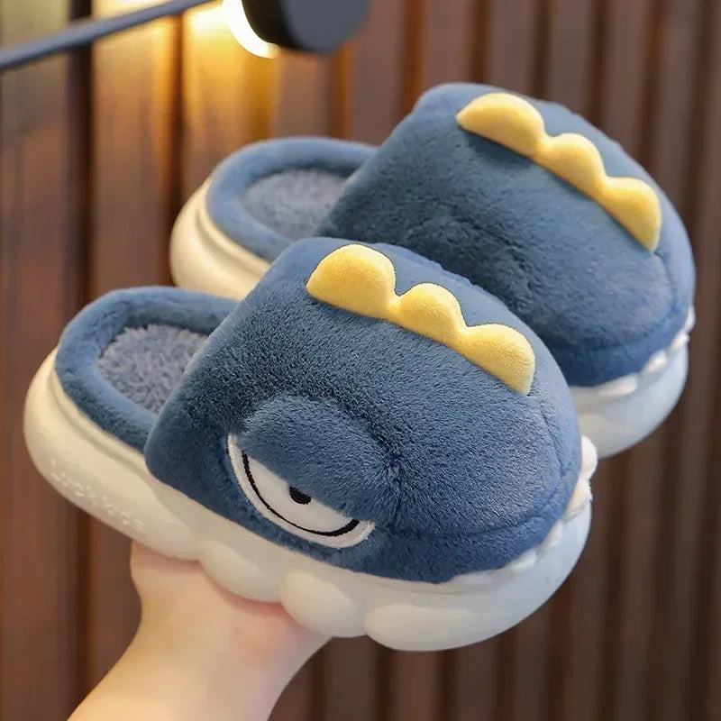 Cute Cartoon Dinosaur Children Plush Slippers Soft Sole Non-slip Winter Warm Baby Boys Girls Indoor Home Heel Wrap Cotton Shoes