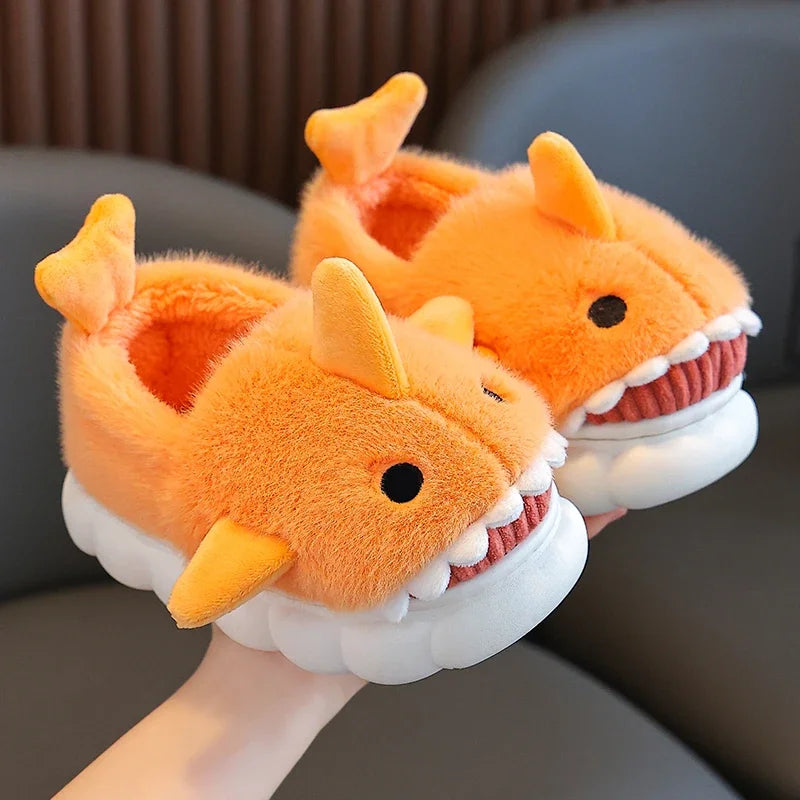 Winter Wrap Heels Plush Slippers Children's Cute Cartoon Shark Non-slip Soft Sole Kids Boys Girls Junior Warm Home Cotton Shoes