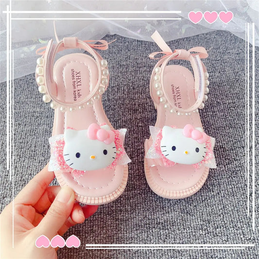 2024 Summer Cartoon hello kitty KT Cat Style Girls' Sandals Beautiful Pearl Children's Princess Performance children kids shoes