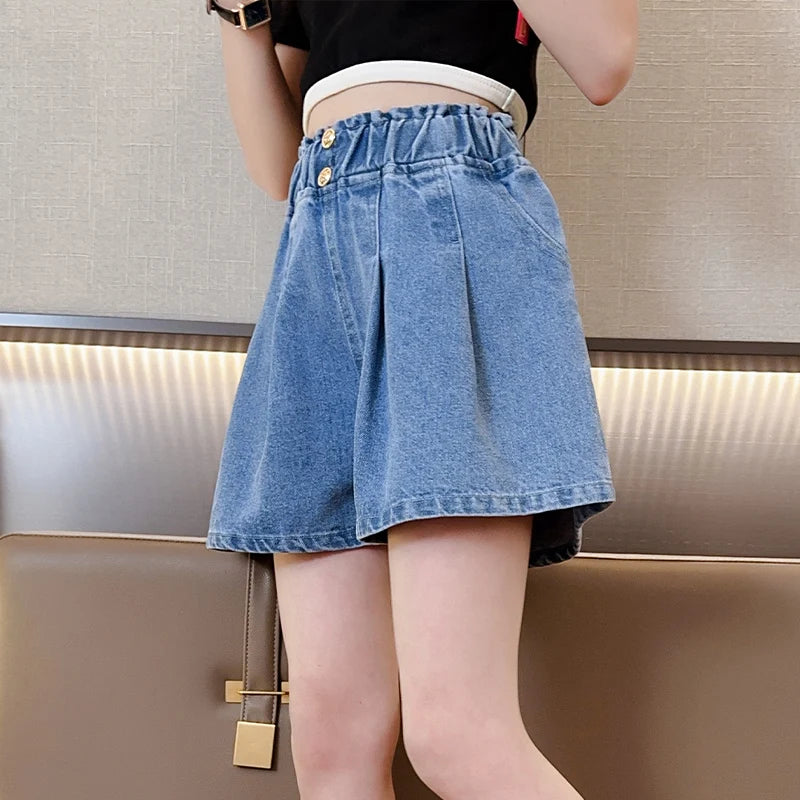 Girls shorts fashionable and versatile medium and large children's slimming nail button  waist wide-leg pants casual and fashion
