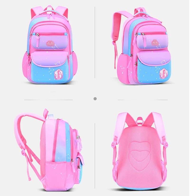 Girls' Macaron Color-Block Backpack – Premium Large-Capacity School Bag with Rainbow Zipper for Kids and Teens