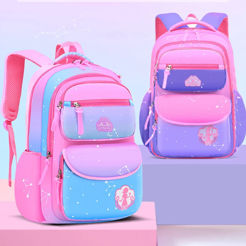 Girls' Macaron Color-Block Backpack – Premium Large-Capacity School Bag with Rainbow Zipper for Kids and Teens