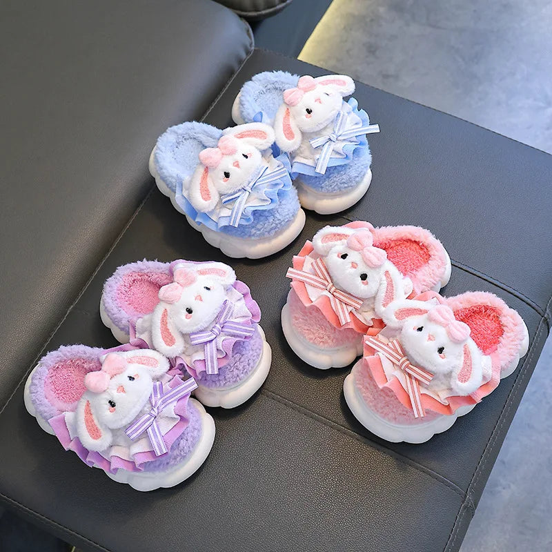 2024 New Winter Children's Cotton Slippers - Cute and Warm Fleece Rabbit Fur Baby's Home Cotton Slippers for Girls