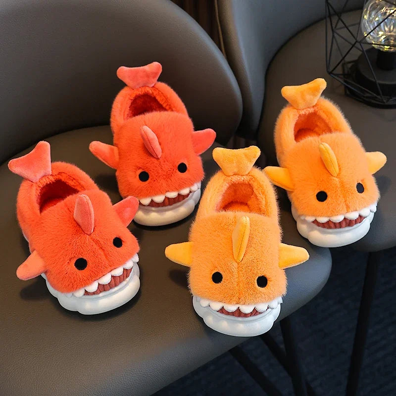Winter Wrap Heels Plush Slippers Children's Cute Cartoon Shark Non-slip Soft Sole Kids Boys Girls Junior Warm Home Cotton Shoes