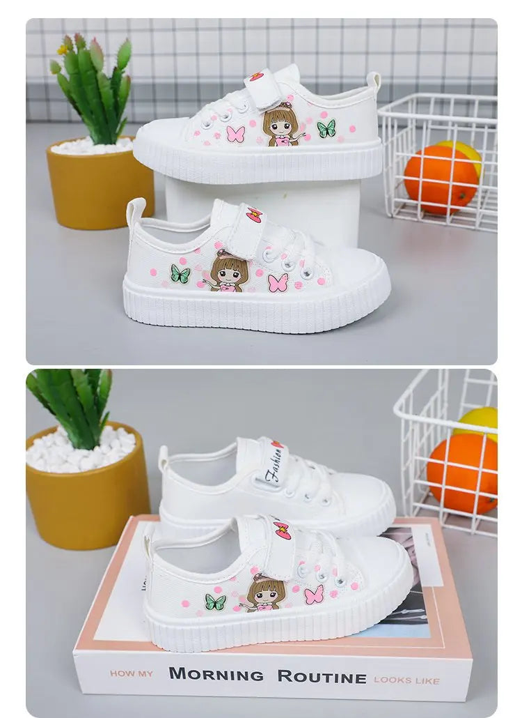 Children's Cute Cartoon Canvas Shoes Girls' Flat Bottomed Casual Sports Shoes Students Lightweight Running Board Shoes Sneakers