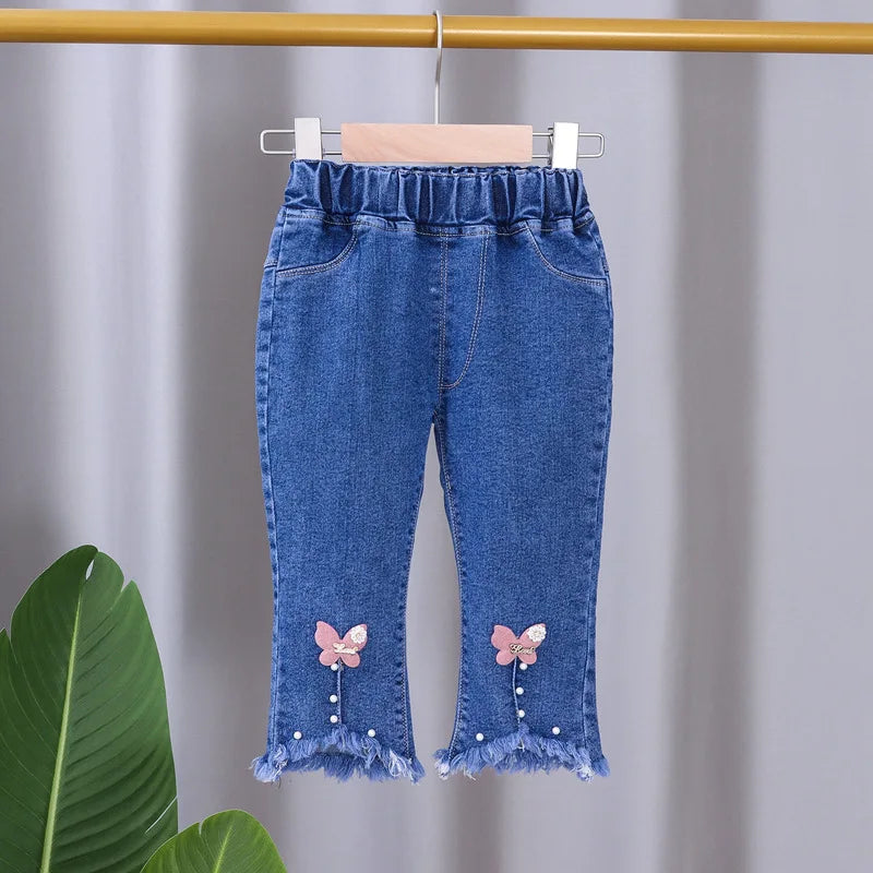 2024 New Spring and Autumn Children's Jeans Fashion Girls Korean Bow Horn Jeans Infant Stretch Pants 0-5 Years Old