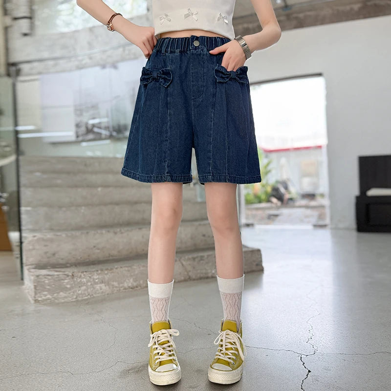 Girls' summer versatile Hanjing color bow shorts 2025 new summer thin fashion jeans casual sports shorts 5-15 years old