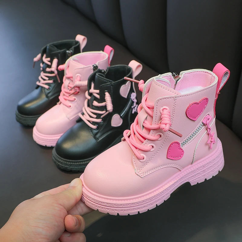 Girls' Fashion Rubber Boots – Autumn/Winter PU Round-Toe Boots with Soft Cotton Lining, Side Zip, and Heart Detail in Pink