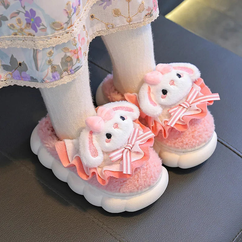 2024 New Winter Children's Cotton Slippers - Cute and Warm Fleece Rabbit Fur Baby's Home Cotton Slippers for Girls