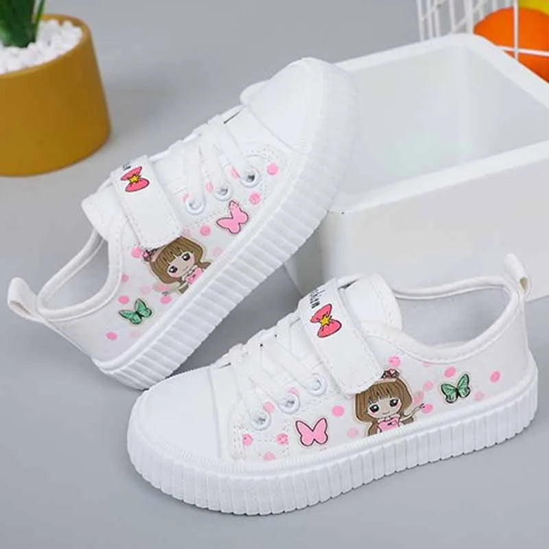 Children's Cute Cartoon Canvas Shoes Girls' Flat Bottomed Casual Sports Shoes Students Lightweight Running Board Shoes Sneakers